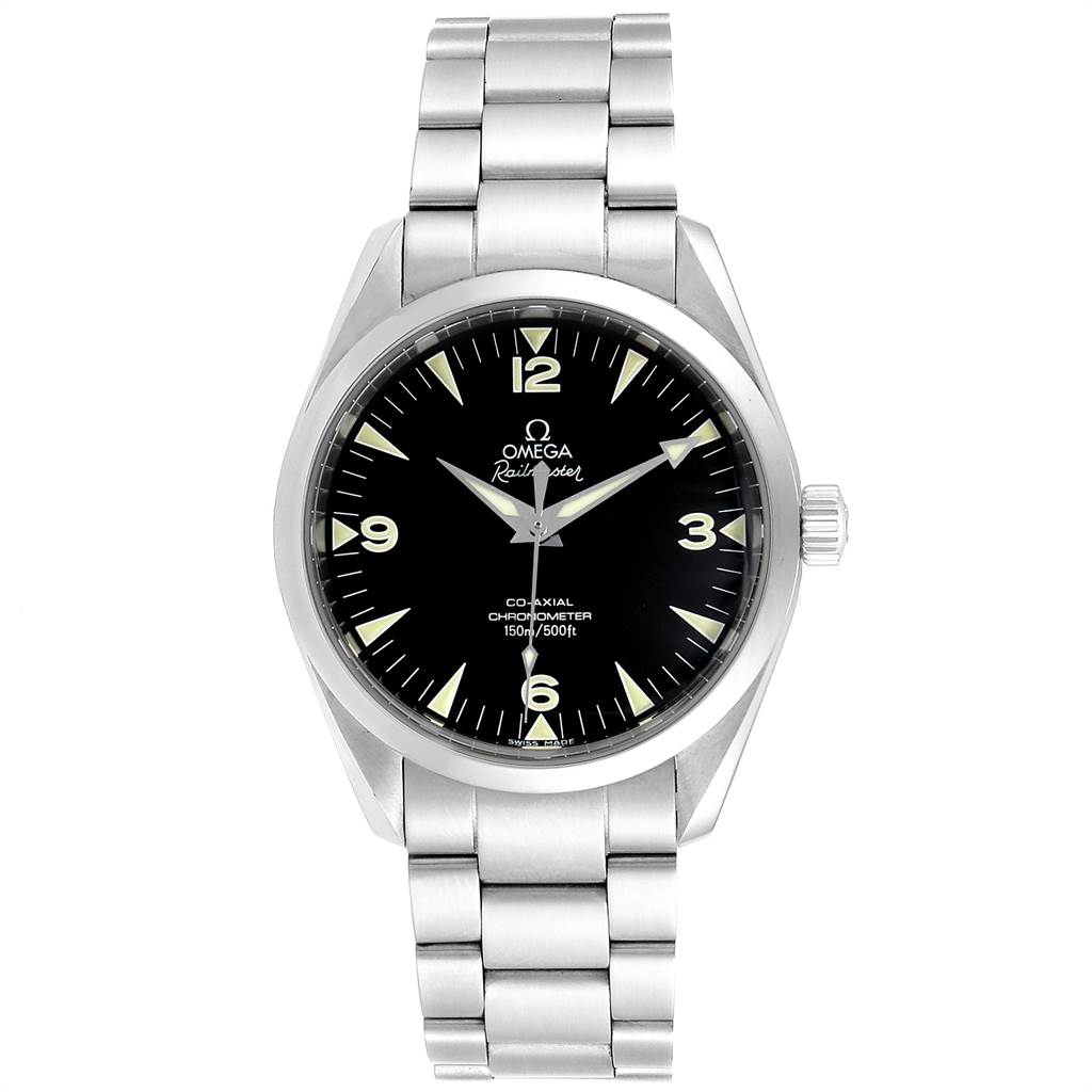 This is a front view of an Omega Aqua Terra 2503.52.00 Men
s Stainless Steel Black Dial 2503.52.00 Men
s Stainless Steel Black Dial watch, showing the face, bezel, and metal bracelet.