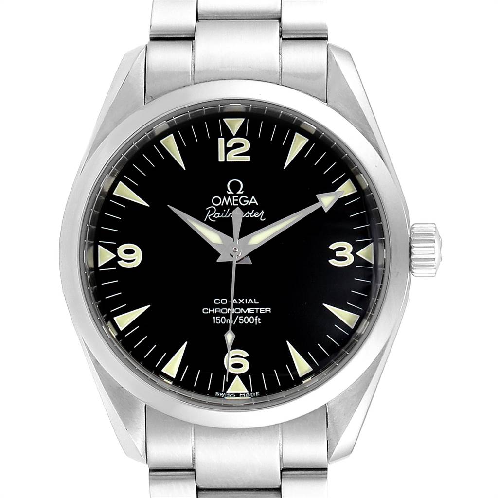 The Omega Aqua Terra 2503.52.00 Men
s Stainless Steel Black Dial 2503.52.00 Men
s Stainless Steel Black Dial watch is shown from a front angle, highlighting its face, bezel, and part of the bracelet.