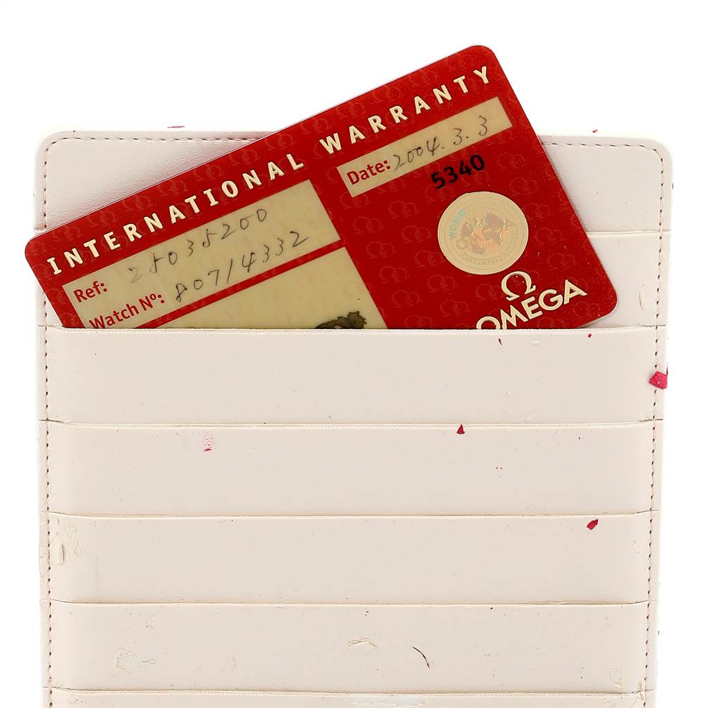 The image shows an Omega Aqua Terra 2503.52.00 Men
s Stainless Steel Black Dial 2503.52.00 Men
s Stainless Steel Black Dial International Warranty card placed in a white cardholder.