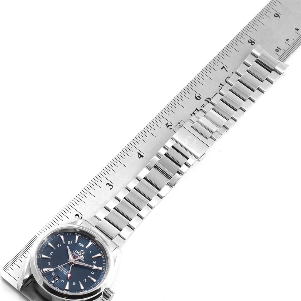 The Omega Aqua Terra 231.10.43.22.03.001 Men's Stainless Steel Blue Dial 231.10.43.22.03.001 Men's Stainless Steel Blue Dial watch is shown from a top-down angle, displaying the face, stainless steel bracelet, and clasp.