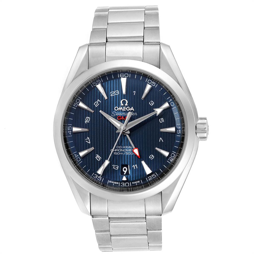 The image shows a front view of the Omega Aqua Terra 231.10.43.22.03.001 Men's Stainless Steel Blue Dial 231.10.43.22.03.001 Men's Stainless Steel Blue Dial watch, highlighting its blue dial, stainless steel case, and bracelet.