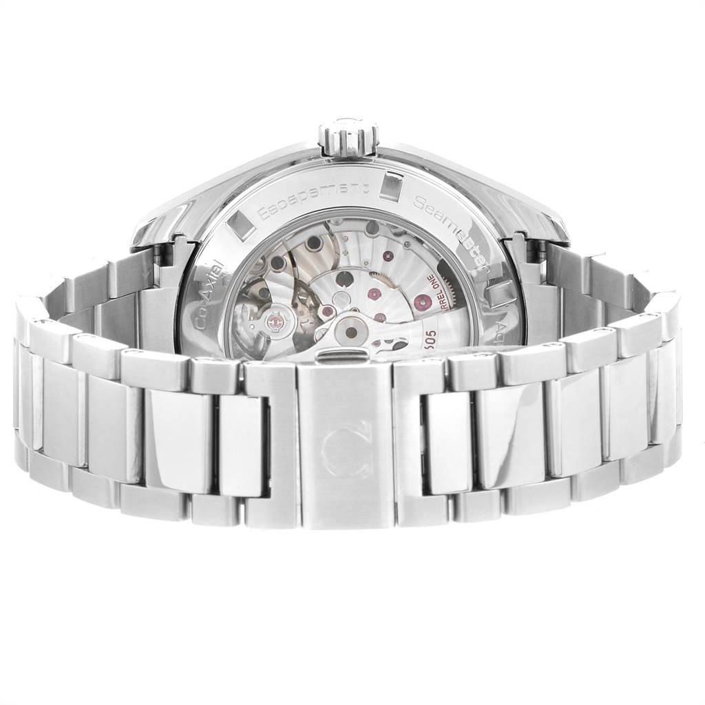 The image shows the back view of the Omega Aqua Terra 231.10.43.22.03.001 Men's Stainless Steel Blue Dial 231.10.43.22.03.001 Men's Stainless Steel Blue Dial watch, highlighting the transparent case back and metal bracelet.