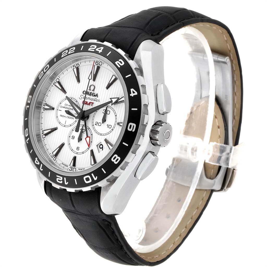 The Omega Aqua Terra 231.13.44.52.04.001 Men's Stainless Steel White Dial 231.13.44.52.04.001 Men's Stainless Steel White Dial watch is shown at a front-angle view, highlighting its dial, bezel, crown, and leather strap.