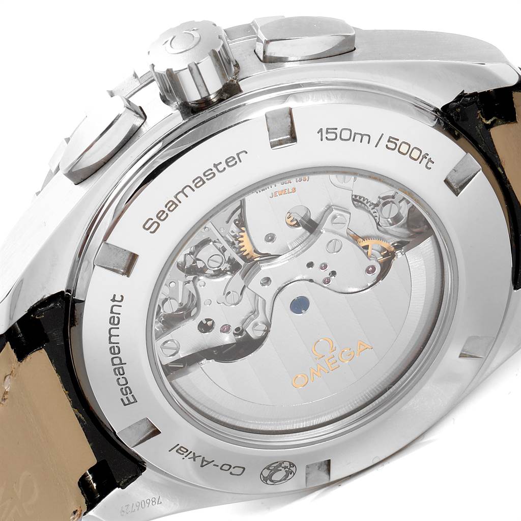 This image shows the back view of an Omega Aqua Terra 231.13.44.52.04.001 Men's Stainless Steel White Dial 231.13.44.52.04.001 Men's Stainless Steel White Dial Seamaster, highlighting its mechanical movement and transparent case back.