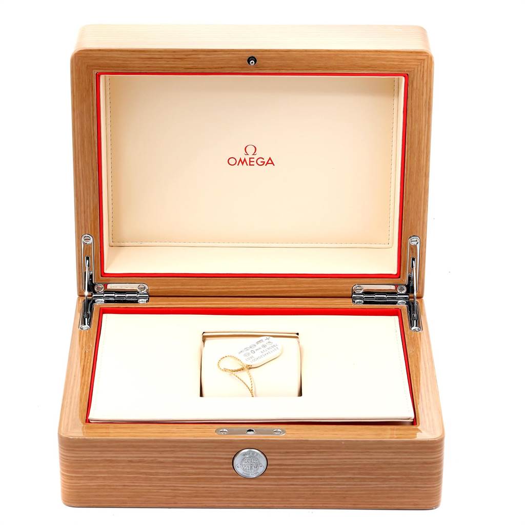 The image shows an open wooden box for Omega Aqua Terra 231.13.44.52.04.001 Men's Stainless Steel White Dial 231.13.44.52.04.001 Men's Stainless Steel White Dial model watch, displaying the interior compartment.