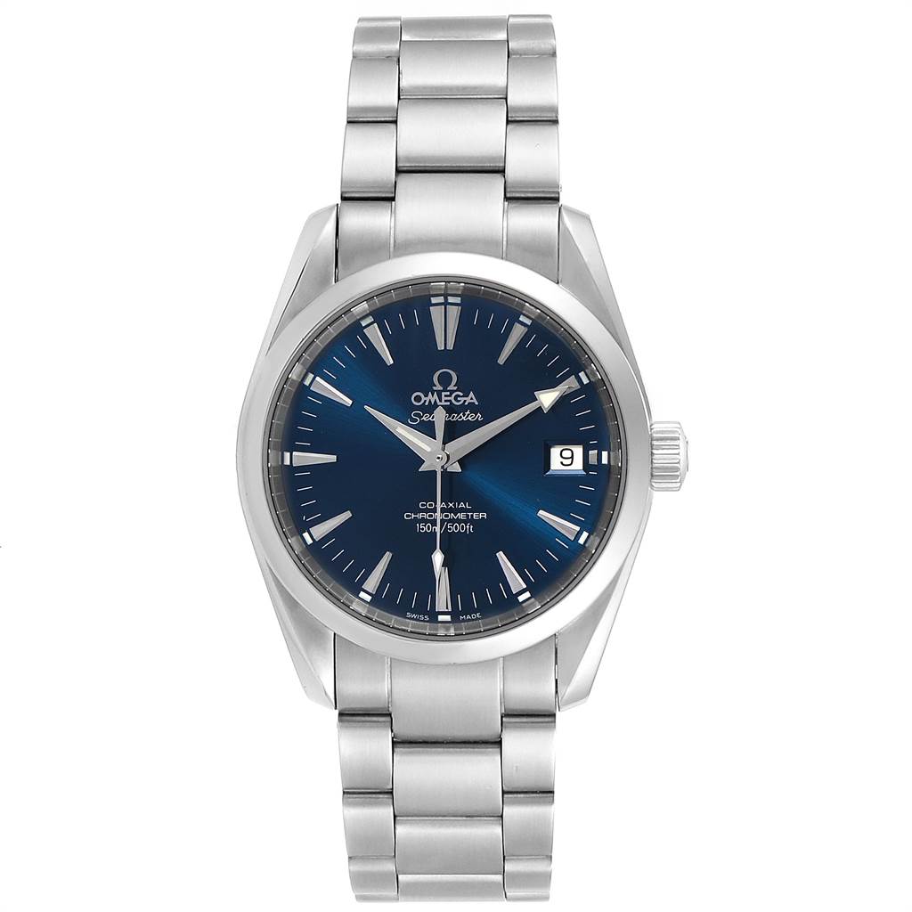 The image shows a frontal view of an Omega Aqua Terra 2504.80.00 Men
s Stainless Steel Blue Dial 2504.80.00 Men
s Stainless Steel Blue Dial watch, displaying its blue dial, date window, and stainless steel bracelet.