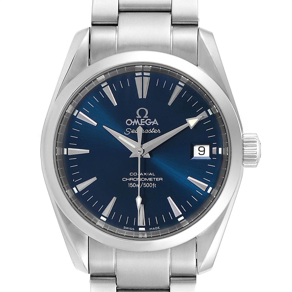 The image shows a front view of the Omega Aqua Terra 2504.80.00 Men
s Stainless Steel Blue Dial 2504.80.00 Men
s Stainless Steel Blue Dial watch, highlighting its blue dial, hands, date window, and part of the bracelet.
