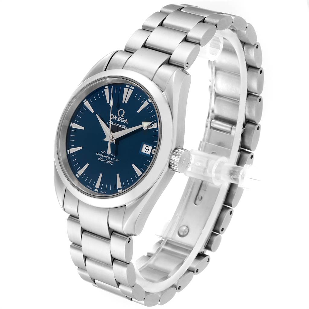 The Omega Aqua Terra 2504.80.00 Men
s Stainless Steel Blue Dial 2504.80.00 Men
s Stainless Steel Blue Dial watch is shown from a front-right angle, highlighting the bracelet, dial, crown, and clasp.