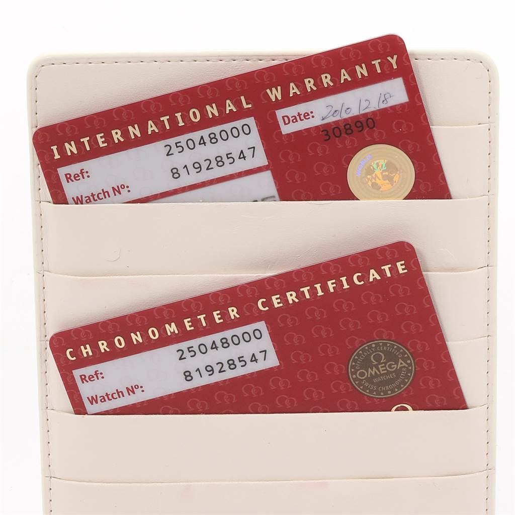 The image shows the international warranty and chronometer certificate cards for the Omega Aqua Terra 2504.80.00 Men
s Stainless Steel Blue Dial 2504.80.00 Men
s Stainless Steel Blue Dial watch.