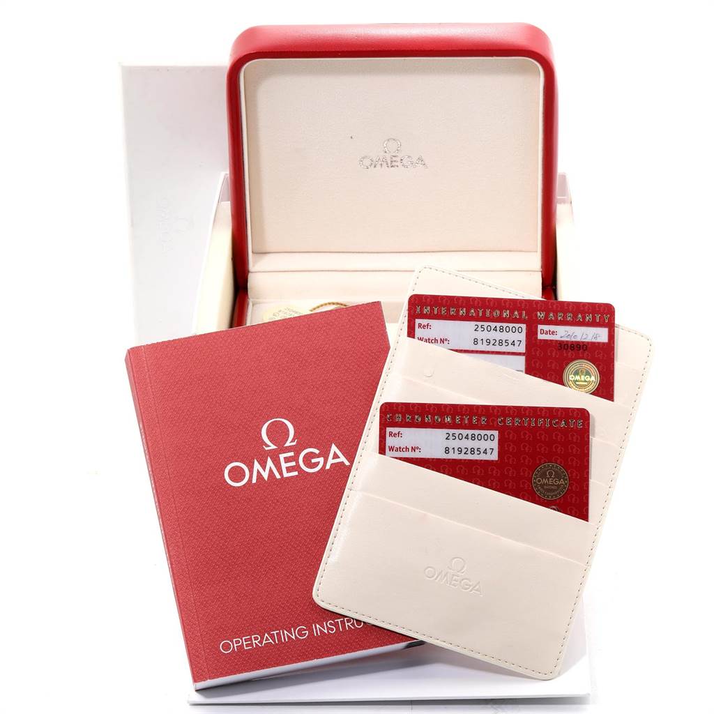 The image shows an Omega Aqua Terra 2504.80.00 Men
s Stainless Steel Blue Dial 2504.80.00 Men
s Stainless Steel Blue Dial watch
s red and white box, warranty cards, and an operating instructions booklet from a front angle.