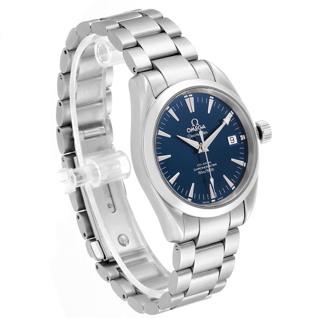 The Omega Aqua Terra 2504.80.00 Men
s Stainless Steel Blue Dial 2504.80.00 Men
s Stainless Steel Blue Dial watch is shown at a three-quarter angle, displaying its blue dial, stainless steel case, and bracelet.