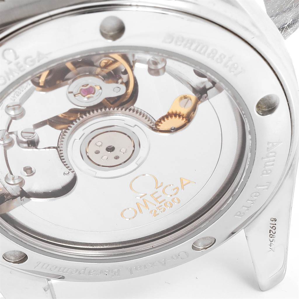 This image shows the back of the Omega Aqua Terra 2504.80.00 Men
s Stainless Steel Blue Dial 2504.80.00 Men
s Stainless Steel Blue Dial watch, displaying its internal movement and components through a transparent case back.