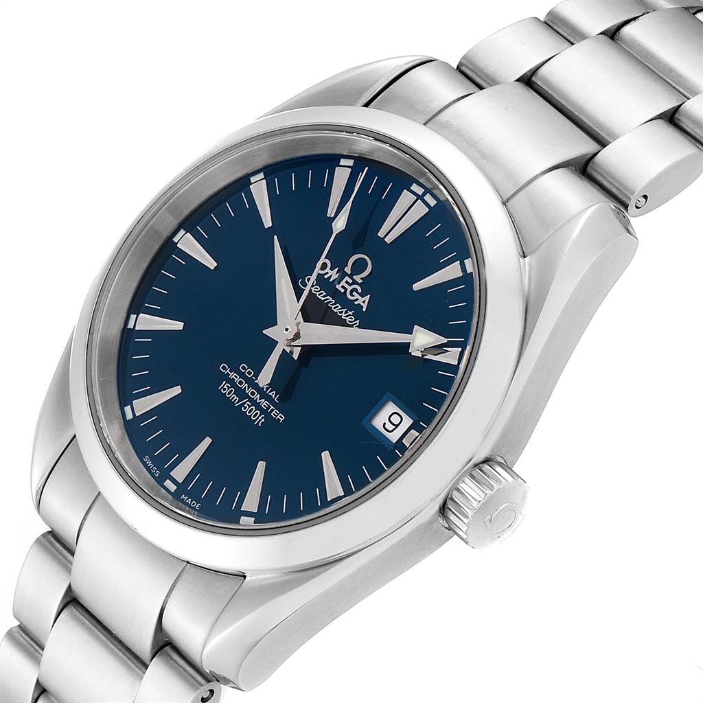 The image shows an angled view of the Omega Aqua Terra 2504.80.00 Men
s Stainless Steel Blue Dial 2504.80.00 Men
s Stainless Steel Blue Dial watch, highlighting its blue dial, stainless steel bracelet, and crown.