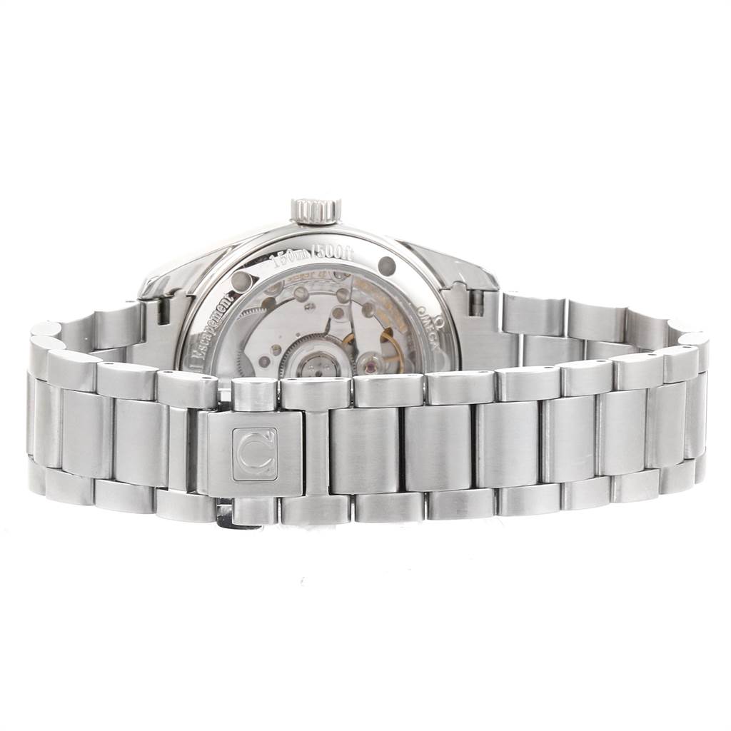 The image shows the rear view of an Omega Aqua Terra 2504.80.00 Men
s Stainless Steel Blue Dial 2504.80.00 Men
s Stainless Steel Blue Dial watch, focusing on the bracelet and case back.