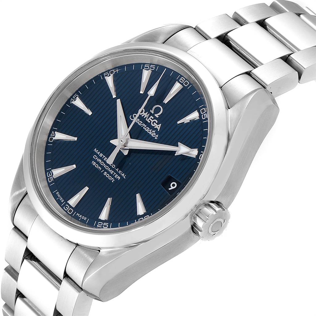 This Omega Aqua Terra 231.10.39.21.03.002 Men
s Stainless Steel Blue Dial 231.10.39.21.03.002 Men
s Stainless Steel Blue Dial watch is shown from an angled perspective, highlighting its face, bezel, crown, and bracelet.