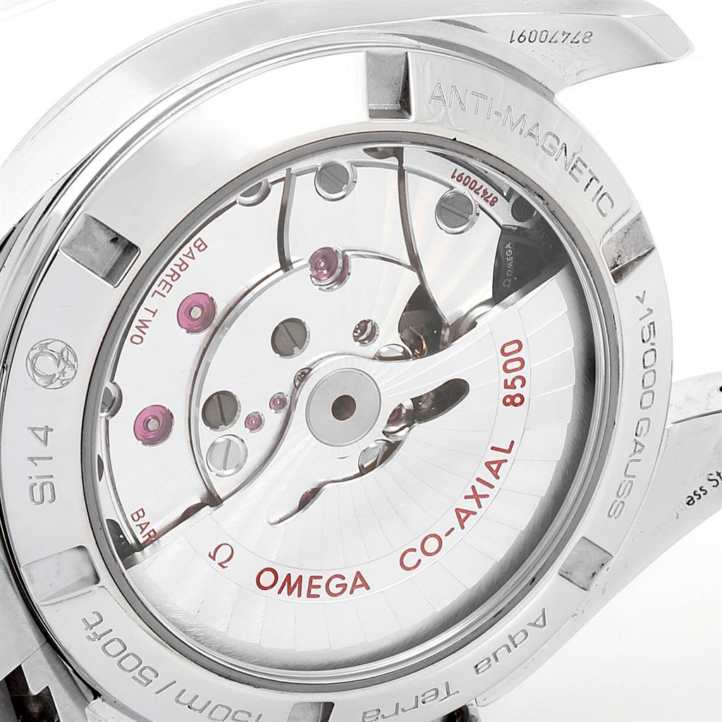 The image shows the rear view of the Omega Aqua Terra 231.10.39.21.03.002 Men
s Stainless Steel Blue Dial 231.10.39.21.03.002 Men
s Stainless Steel Blue Dial watch, highlighting its Co-Axial 8500 movement and anti-magnetic features.