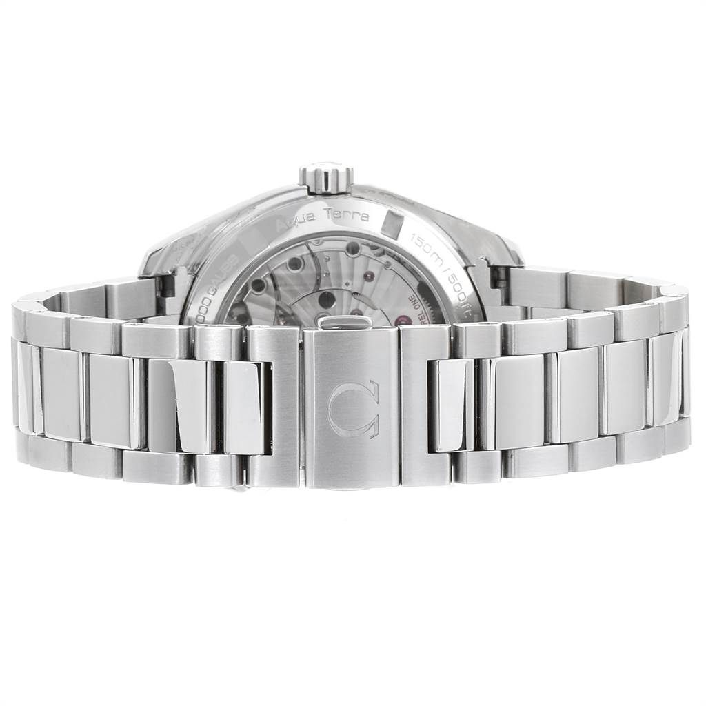 The image shows the back and bracelet of an Omega Aqua Terra 231.10.39.21.03.002 Men
s Stainless Steel Blue Dial 231.10.39.21.03.002 Men
s Stainless Steel Blue Dial watch, highlighting the clasp and movement through the transparent case back.