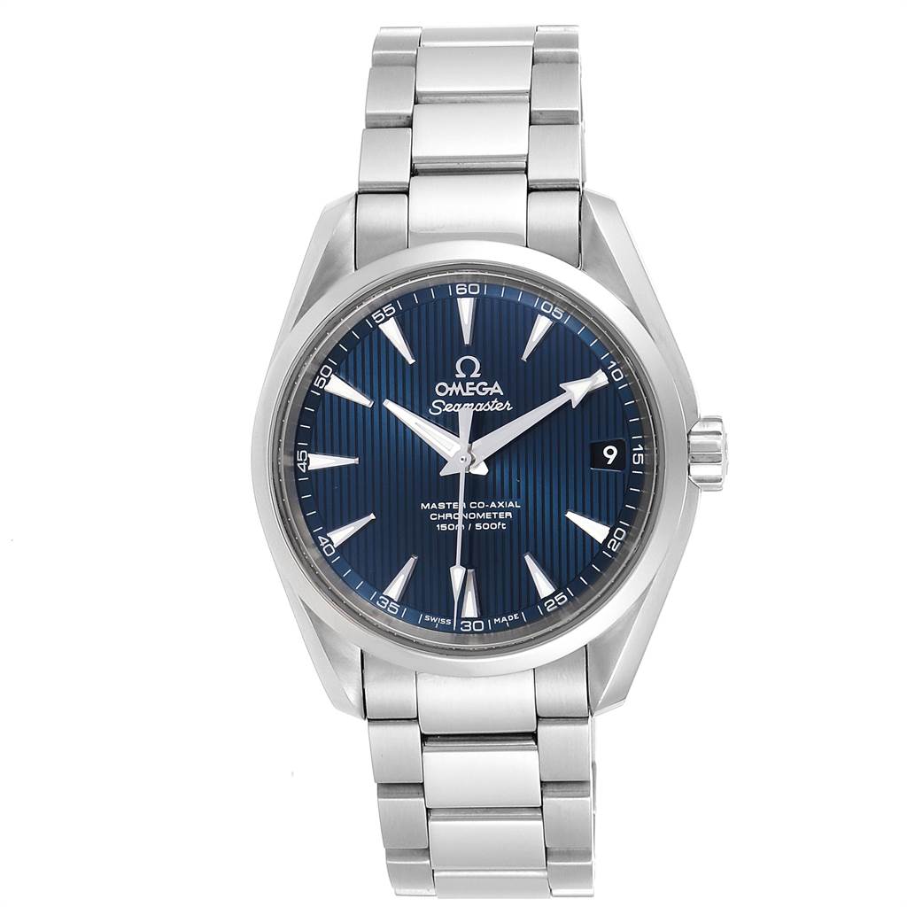 The image shows a front view of the Omega Aqua Terra 231.10.39.21.03.002 Men
s Stainless Steel Blue Dial 231.10.39.21.03.002 Men
s Stainless Steel Blue Dial watch, highlighting its dial, hands, and metal bracelet.
