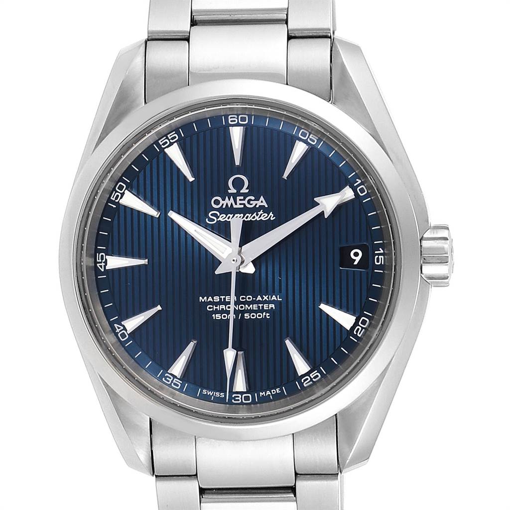 This image shows a front view of the Omega Aqua Terra 231.10.39.21.03.002 Men
s Stainless Steel Blue Dial 231.10.39.21.03.002 Men
s Stainless Steel Blue Dial Seamaster watch, highlighting its blue dial, date window, and metal bracelet.