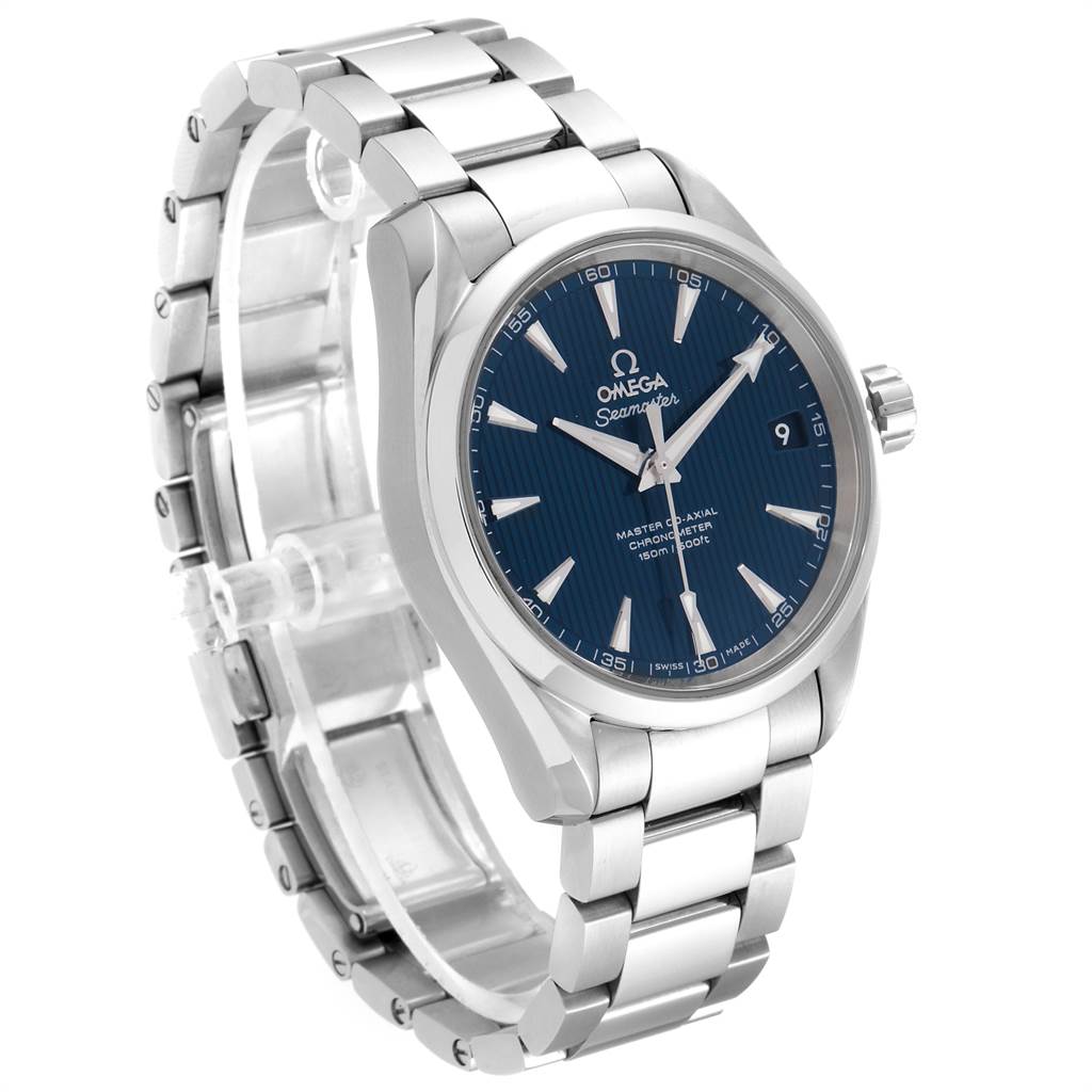 The image shows an Omega Aqua Terra 231.10.39.21.03.002 Men
s Stainless Steel Blue Dial 231.10.39.21.03.002 Men
s Stainless Steel Blue Dial watch at a slight angle, highlighting its blue dial, bezel, and stainless steel bracelet.