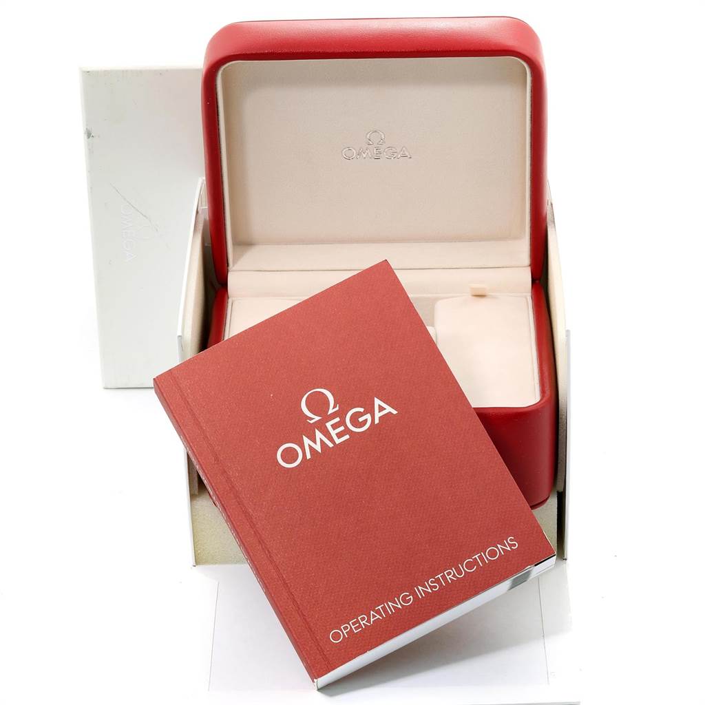 The image shows the box and operating instructions manual for an Omega Aqua Terra 231.10.39.21.03.002 Men
s Stainless Steel Blue Dial 231.10.39.21.03.002 Men
s Stainless Steel Blue Dial watch.