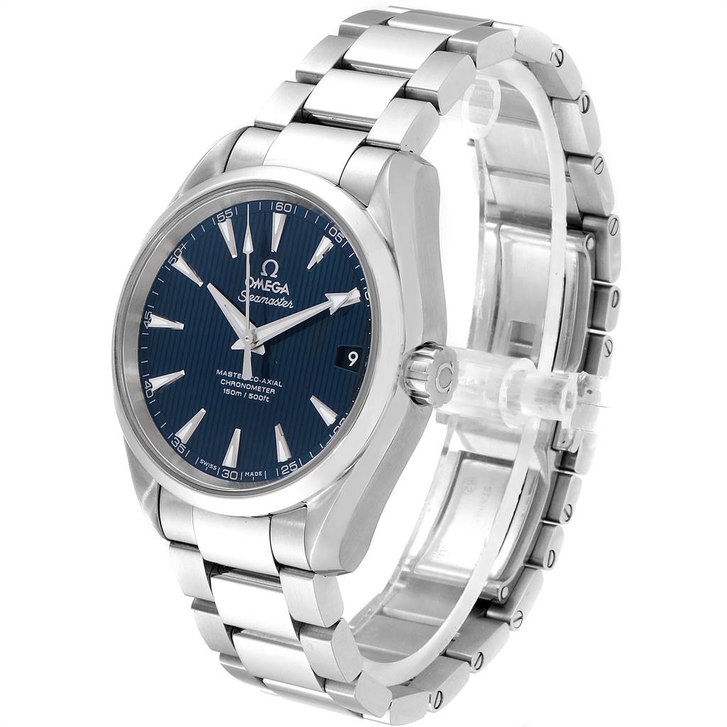 The Omega Aqua Terra 231.10.39.21.03.002 Men
s Stainless Steel Blue Dial 231.10.39.21.03.002 Men
s Stainless Steel Blue Dial watch is shown at a three-quarter angle, displaying the face, bezel, crown, and bracelet.