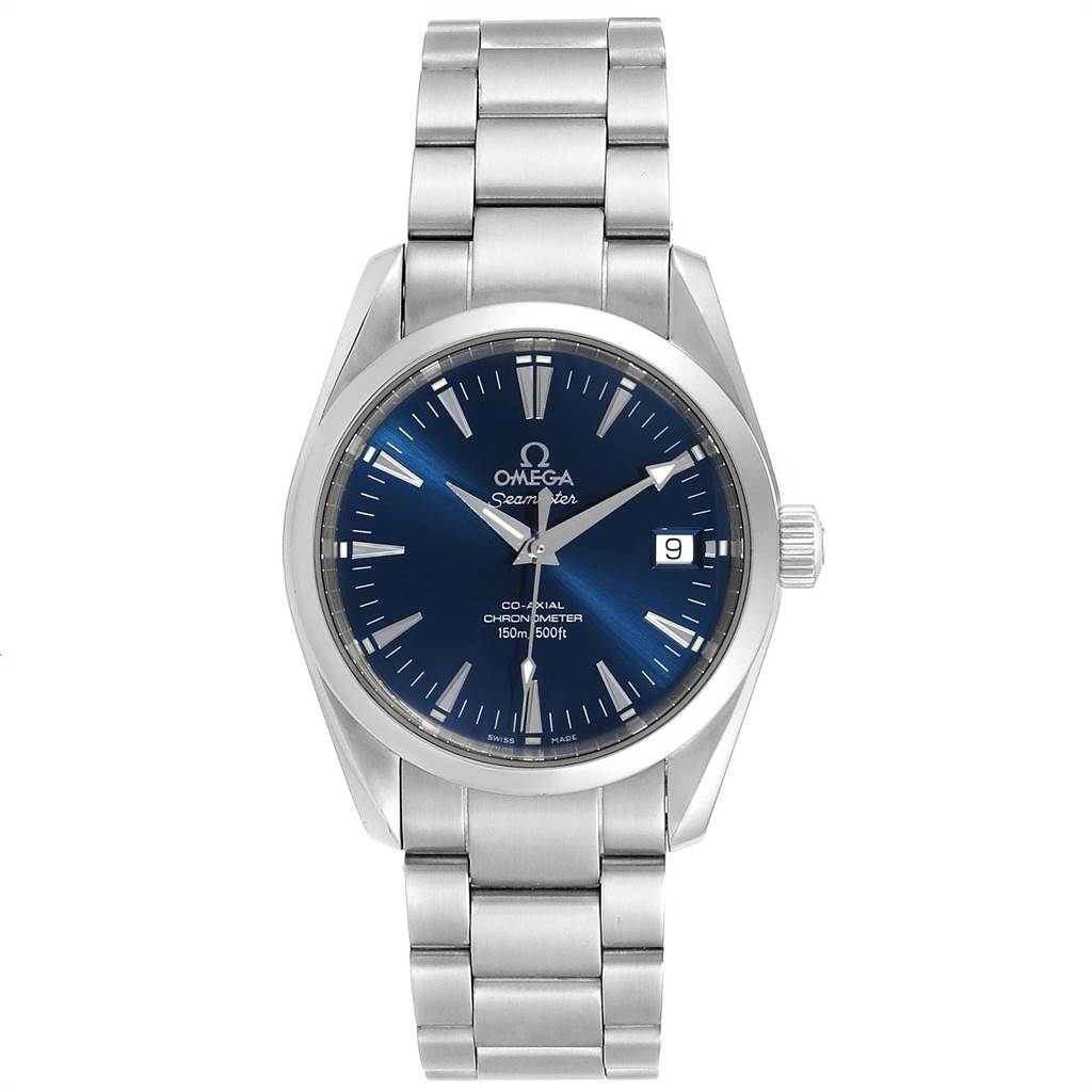 The image shows a front view of an Omega Aqua Terra 2504.80.00 Men
s Stainless Steel Blue Dial 2504.80.00 Men
s Stainless Steel Blue Dial watch, featuring a blue dial, date window, and silver bracelet.