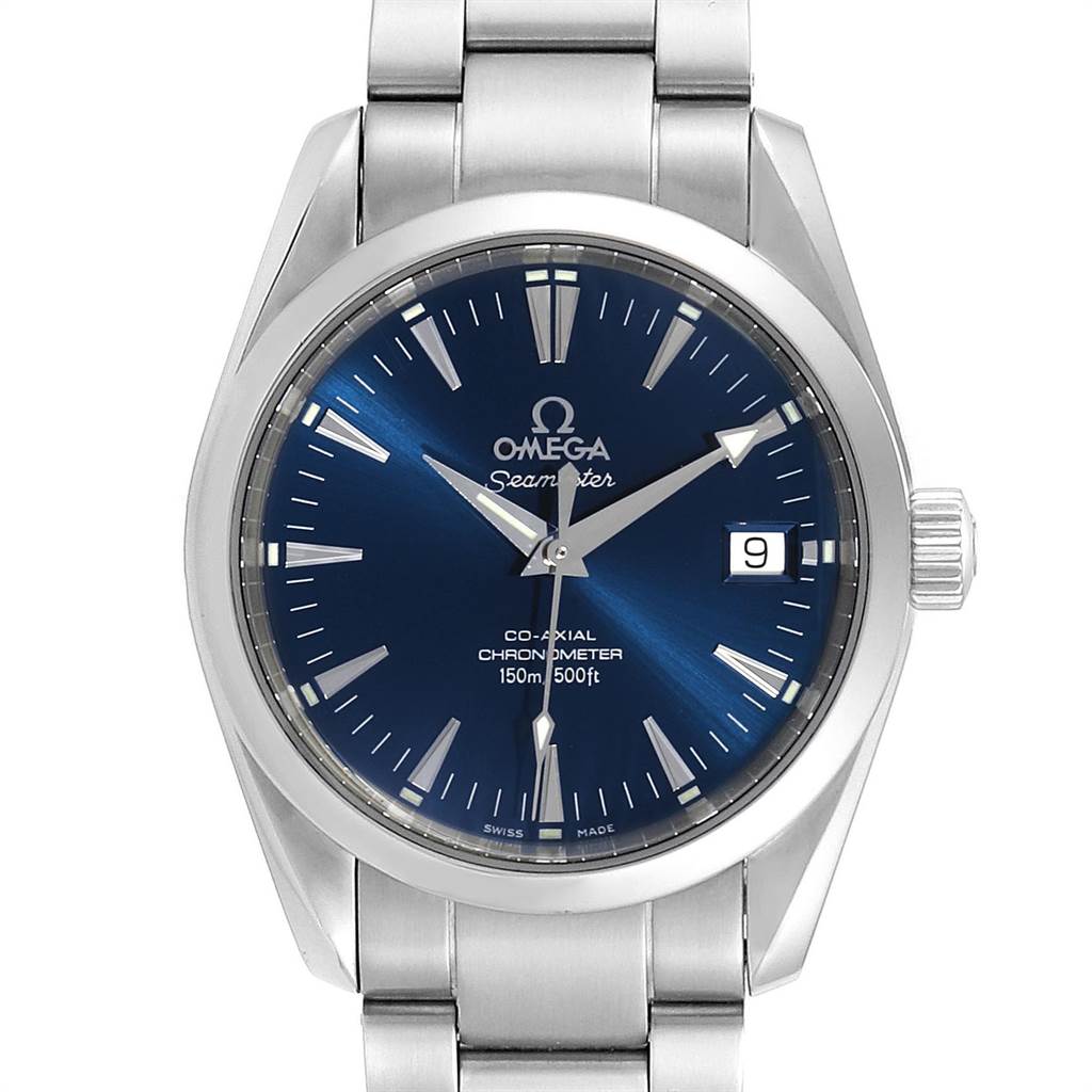 The image shows a front view of the Omega Aqua Terra 2504.80.00 Men
s Stainless Steel Blue Dial 2504.80.00 Men
s Stainless Steel Blue Dial watch, highlighting its blue dial, date display, and stainless steel bracelet.