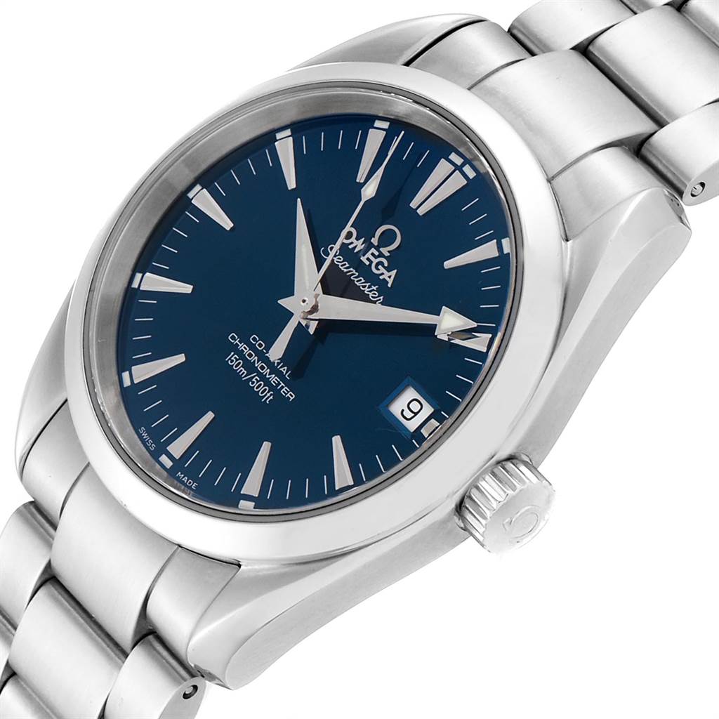 This image shows an Omega Aqua Terra 2504.80.00 Men
s Stainless Steel Blue Dial 2504.80.00 Men
s Stainless Steel Blue Dial watch from a tilted angle, highlighting the face, bezel, crown, and part of the bracelet.