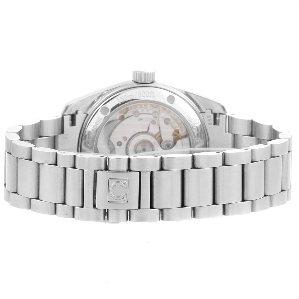 The image shows the back view of the Omega Aqua Terra 2504.80.00 Men
s Stainless Steel Blue Dial 2504.80.00 Men
s Stainless Steel Blue Dial watch, highlighting its bracelet and transparent case back.