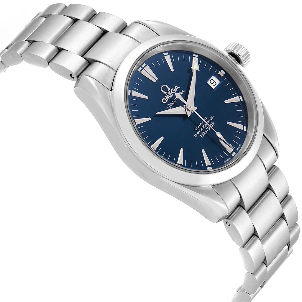 The image shows an Omega Aqua Terra 2504.80.00 Men
s Stainless Steel Blue Dial 2504.80.00 Men
s Stainless Steel Blue Dial watch at a three-quarter angle, highlighting the dial, bezel, crown, and bracelet.