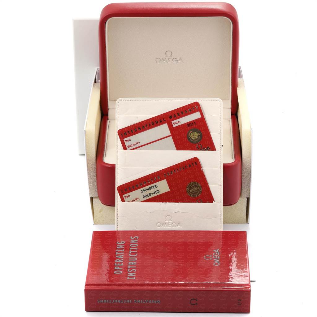 The image shows the Omega Aqua Terra 2504.80.00 Men
s Stainless Steel Blue Dial 2504.80.00 Men
s Stainless Steel Blue Dial watch box, international warranty cards, and operating instructions manual.