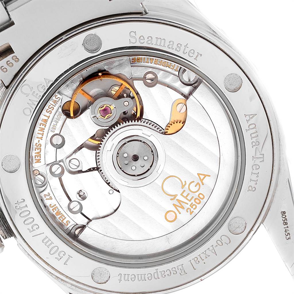The image shows a rear view of the Omega Seamaster Aqua Terra watch, displaying its intricate movement and transparent case back.