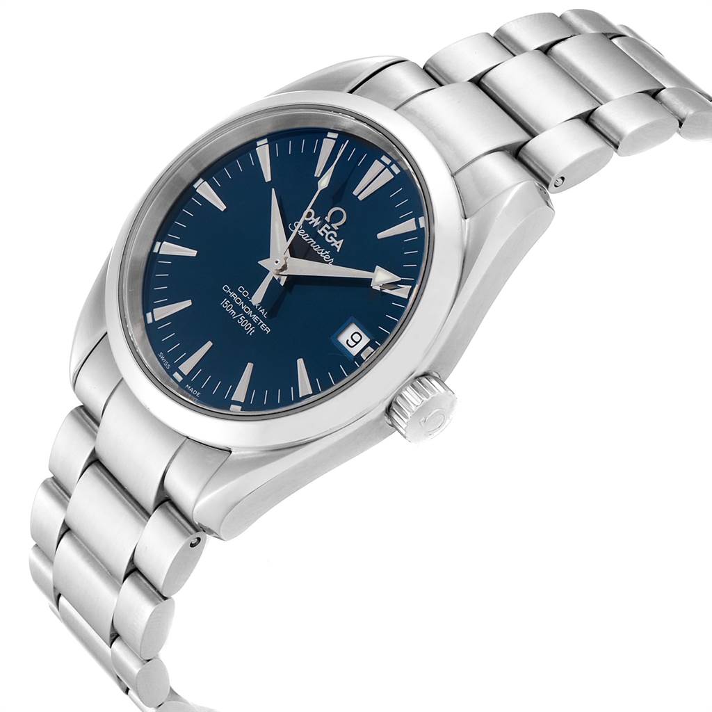 The image shows the Omega Aqua Terra 2504.80.00 Men
s Stainless Steel Blue Dial 2504.80.00 Men
s Stainless Steel Blue Dial watch at a three-quarter angle, highlighting the dial, bezel, crown, and part of the metal bracelet.