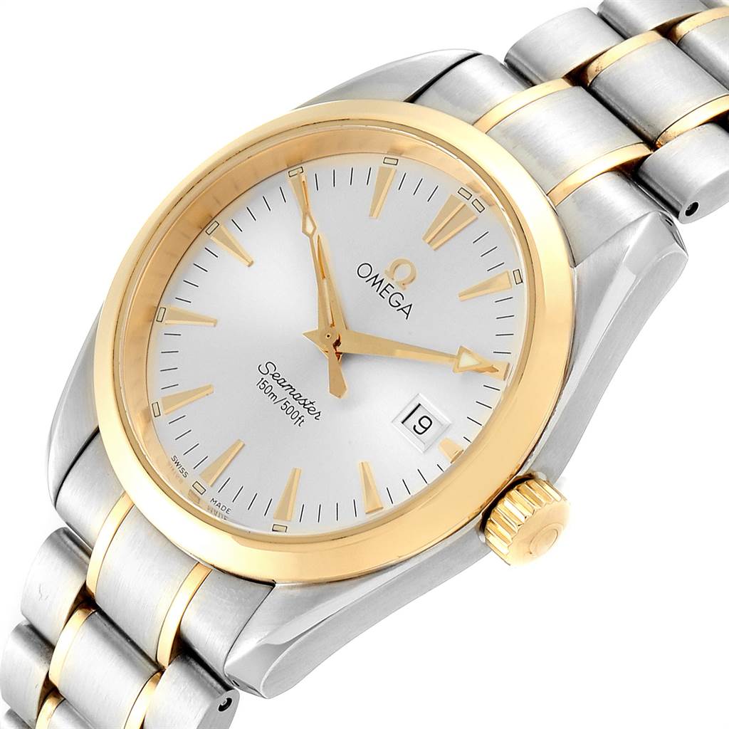 The image shows an Omega Aqua Terra 2317.30.00 Men
s Steel and Gold (two tone) Silver Dial 2317.30.00 Men
s Steel and Gold (two tone) Silver Dial watch, highlighting its dial, crown, bezel, and metal bracelet in a slightly angled side view.