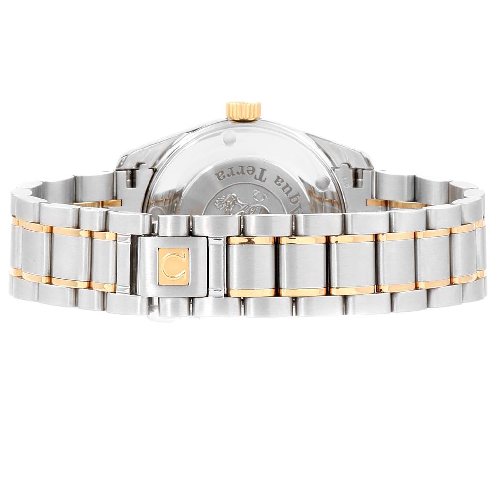 This image shows the back of an Omega Aqua Terra 2317.30.00 Men
s Steel and Gold (two tone) Silver Dial 2317.30.00 Men
s Steel and Gold (two tone) Silver Dial watch, focusing on the clasp and bracelet links.