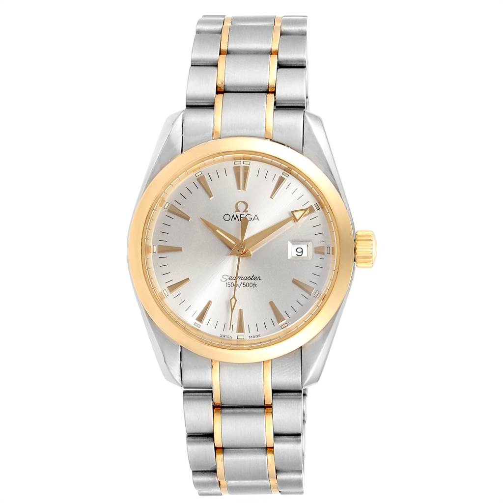 The image shows a front view of an Omega Aqua Terra 2317.30.00 Men
s Steel and Gold (two tone) Silver Dial 2317.30.00 Men
s Steel and Gold (two tone) Silver Dial watch, highlighting its two-tone bracelet, dial, and date window.