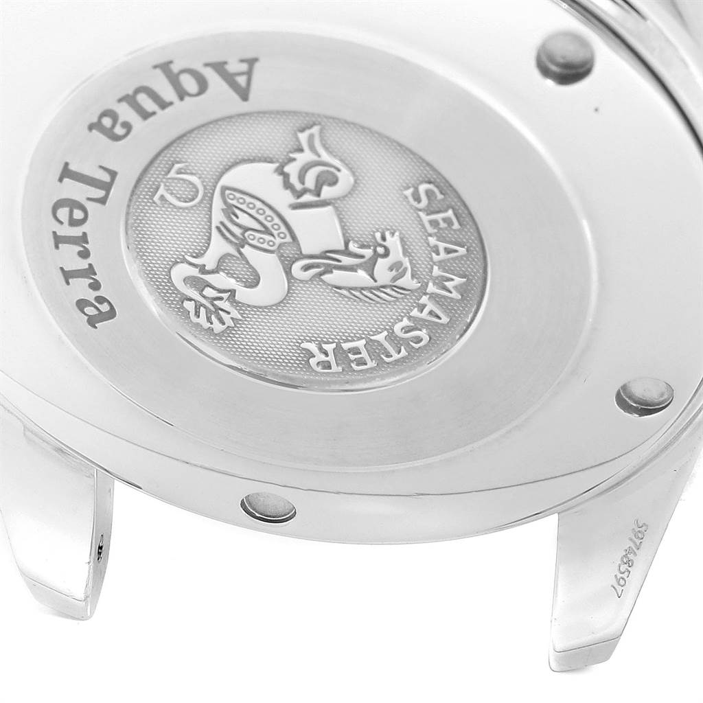 This image shows the back case of the Omega Aqua Terra 2317.30.00 Men
s Steel and Gold (two tone) Silver Dial 2317.30.00 Men
s Steel and Gold (two tone) Silver Dial watch, highlighting the "Seamaster" branding and logo.