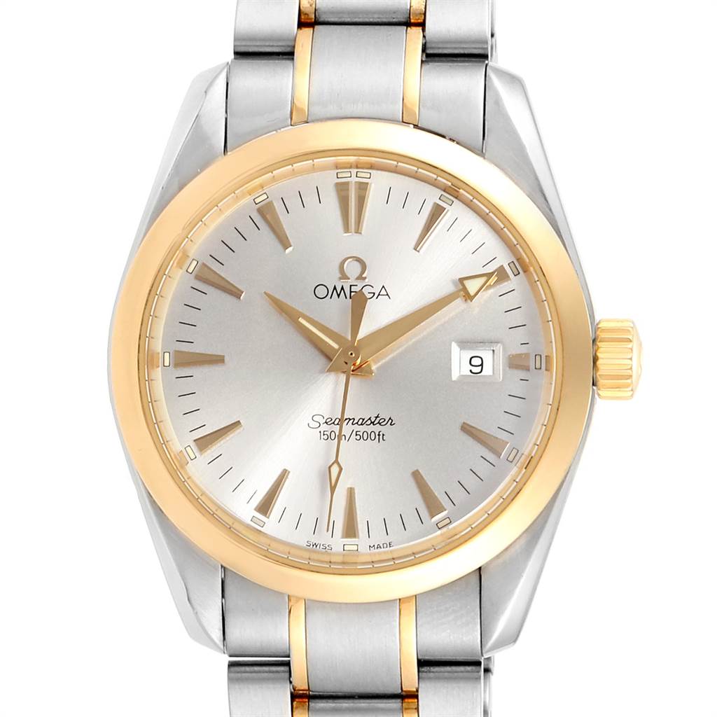 The image shows a front view of the Aqua Terra Omega Seamaster watch, highlighting the dial, hands, date window, and part of the bracelet.