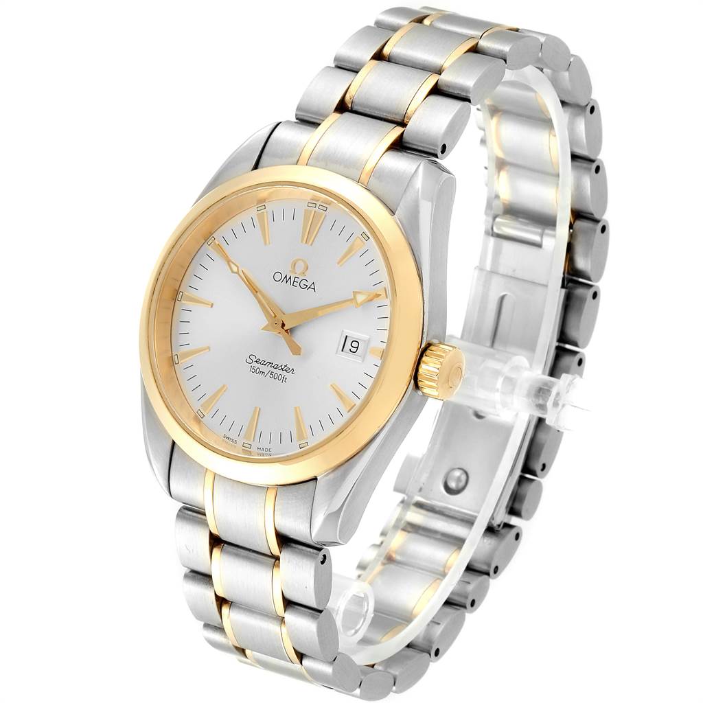 The Omega Aqua Terra 2317.30.00 Men
s Steel and Gold (two tone) Silver Dial 2317.30.00 Men
s Steel and Gold (two tone) Silver Dial watch is shown at a 3/4 angle, displaying its face, bezel, crown, and two-tone bracelet.