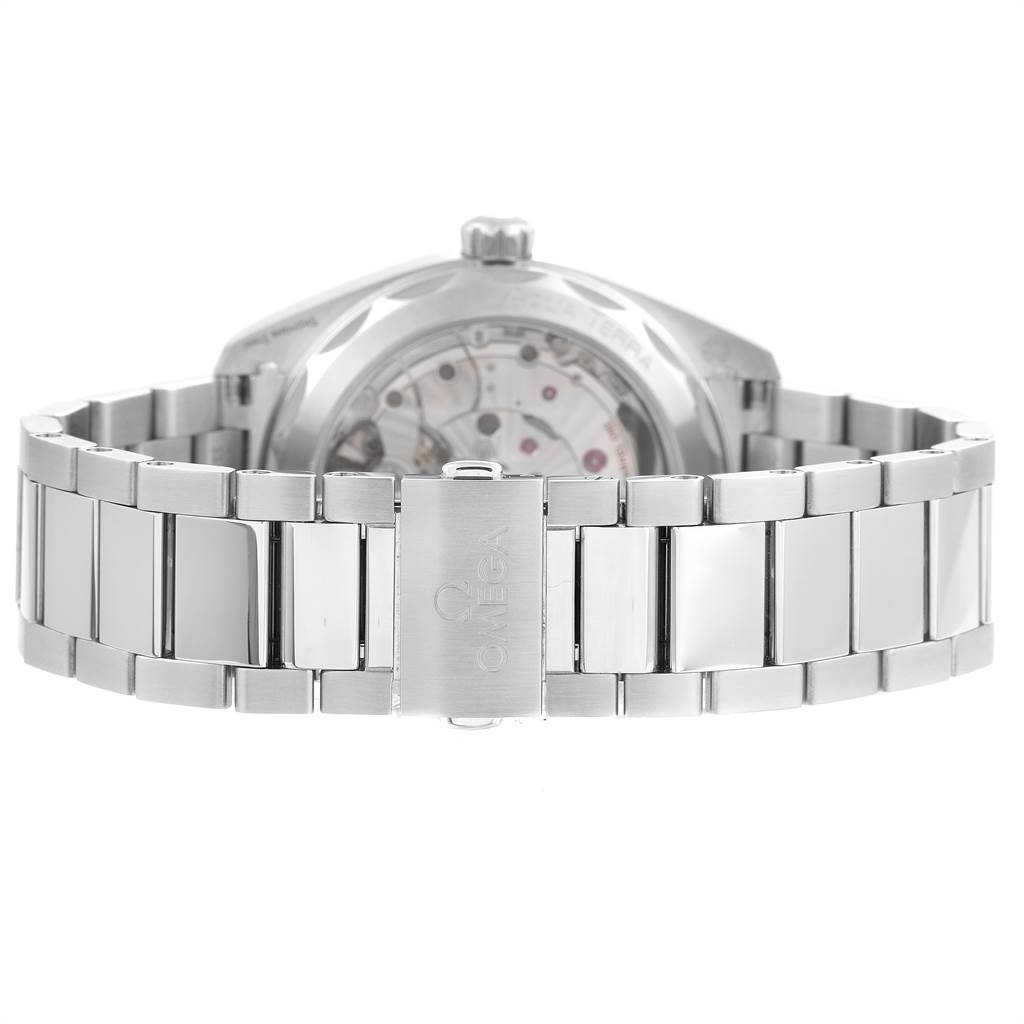 The image shows the back and clasp of an Omega Aqua Terra 220.10.41.21.03.001 Men's Stainless Steel Blue Dial 220.10.41.21.03.001 Men's Stainless Steel Blue Dial watch, highlighting its metallic strap and movement.