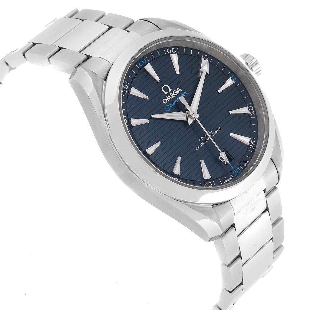 The Omega Aqua Terra 220.10.41.21.03.001 Men's Stainless Steel Blue Dial 220.10.41.21.03.001 Men's Stainless Steel Blue Dial watch is shown at a three-quarter angle, highlighting its face, bracelet, and crown.