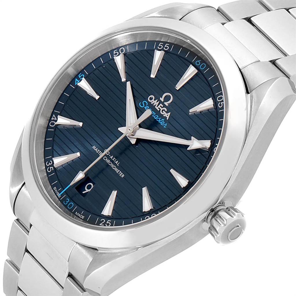The image shows a close-up angle of the Omega Aqua Terra 220.10.41.21.03.001 Men's Stainless Steel Blue Dial 220.10.41.21.03.001 Men's Stainless Steel Blue Dial watch, highlighting its face, hands, crown, and part of the metal bracelet.