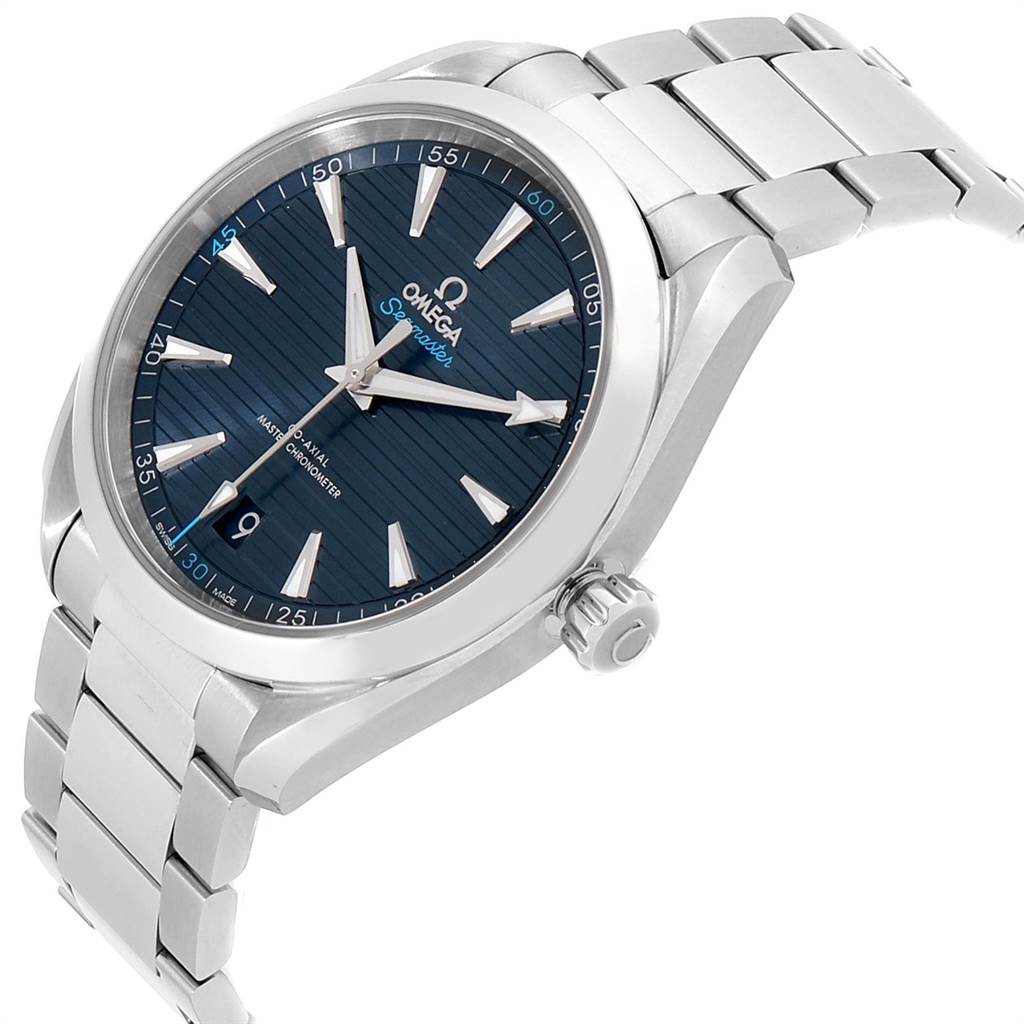 The image shows an Omega Aqua Terra 220.10.41.21.03.001 Men's Stainless Steel Blue Dial 220.10.41.21.03.001 Men's Stainless Steel Blue Dial watch at an angle highlighting its face, crown, and part of its metal bracelet.