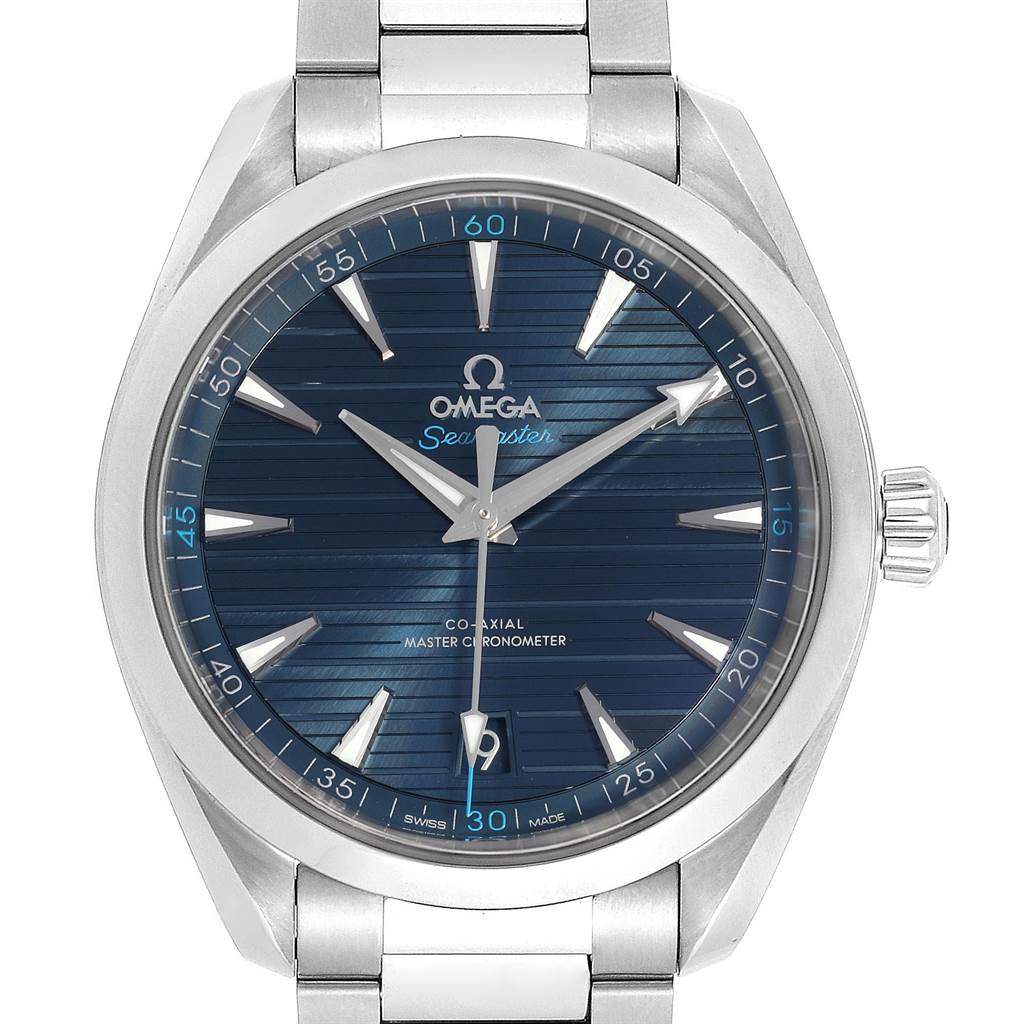 The image shows a frontal view of the Omega Aqua Terra 220.10.41.21.03.001 Men's Stainless Steel Blue Dial 220.10.41.21.03.001 Men's Stainless Steel Blue Dial watch, highlighting its blue dial, hour markers, and stainless steel bracelet.