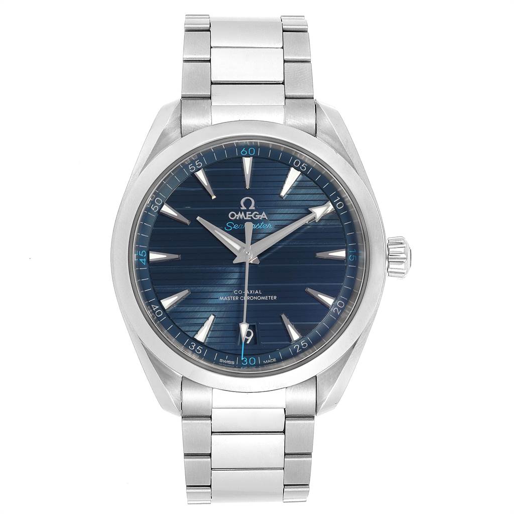 The image shows an Omega Aqua Terra 220.10.41.21.03.001 Men's Stainless Steel Blue Dial 220.10.41.21.03.001 Men's Stainless Steel Blue Dial watch from a front angle, displaying the dial, bezel, bracelet, and crown.