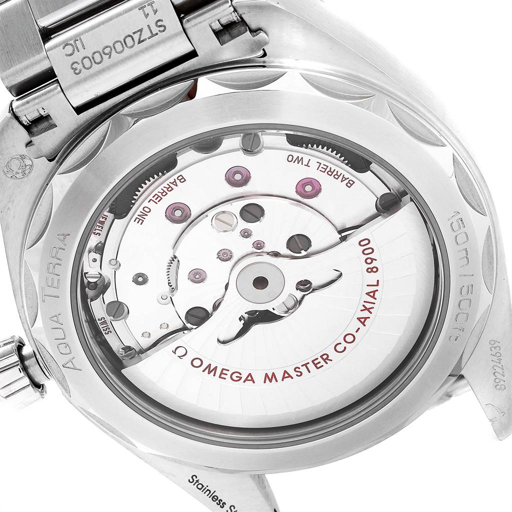 The image shows the back view of the Omega Aqua Terra 220.10.41.21.03.001 Men's Stainless Steel Blue Dial 220.10.41.21.03.001 Men's Stainless Steel Blue Dial watch, highlighting the movement and internal mechanisms.