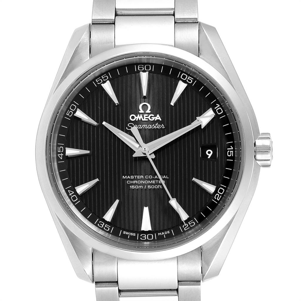 This image shows a front view of the Omega Aqua Terra 231.10.42.21.01.003 Men
s Stainless Steel Black Dial 231.10.42.21.01.003 Men
s Stainless Steel Black Dial model watch, highlighting the dial, hands, hour markers, and date window.