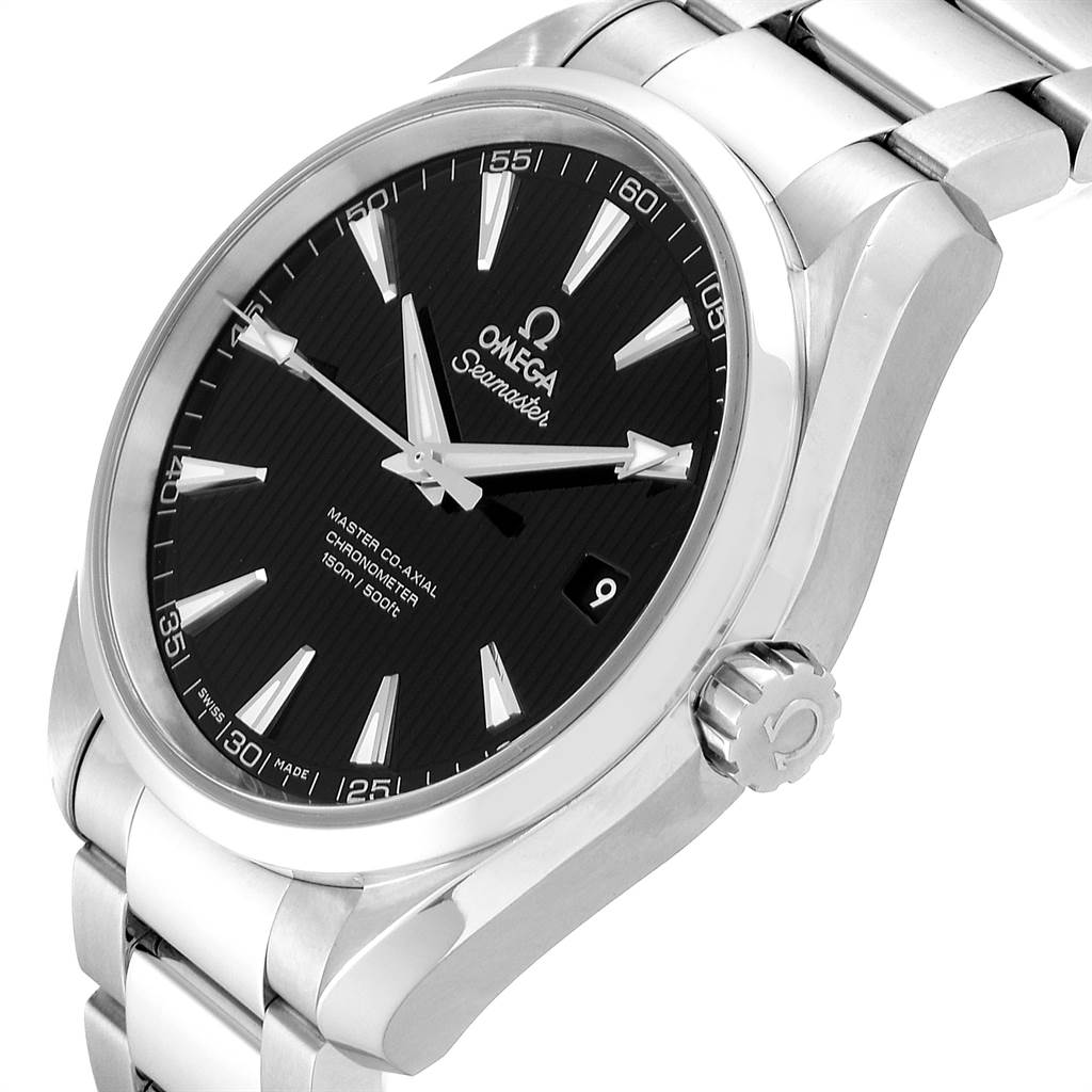 The image shows a close-up of an Omega Aqua Terra 231.10.42.21.01.003 Men
s Stainless Steel Black Dial 231.10.42.21.01.003 Men
s Stainless Steel Black Dial watch face and partial bracelet from a slight side angle.