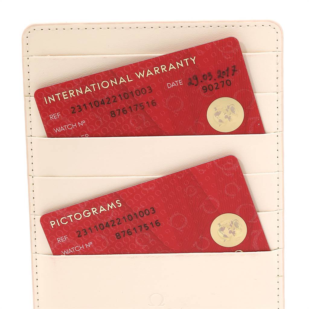 The image shows the warranty and pictograms cards for an Omega Aqua Terra 231.10.42.21.01.003 Men
s Stainless Steel Black Dial 231.10.42.21.01.003 Men
s Stainless Steel Black Dial watch in a card holder.